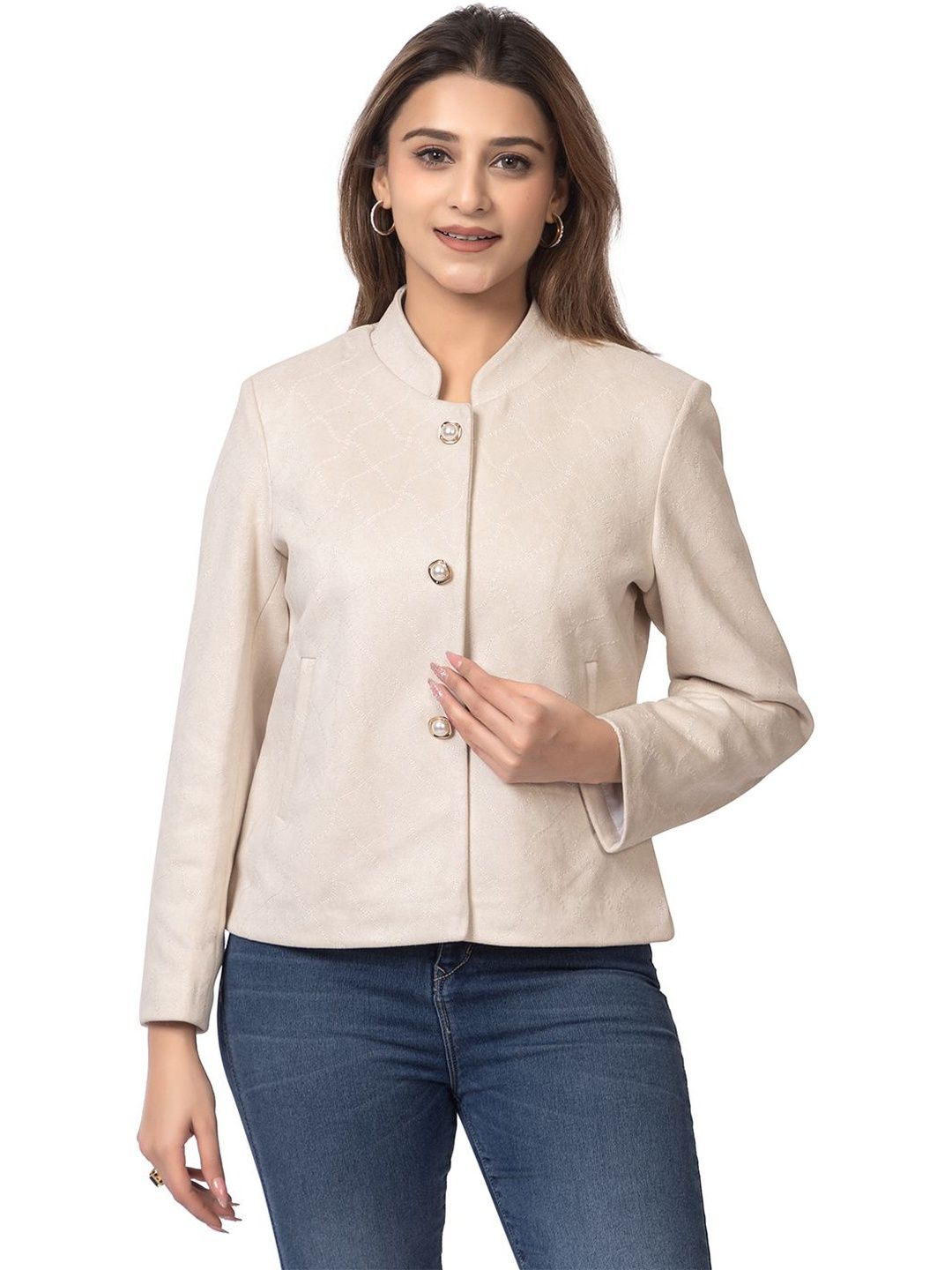 DressBerry Women Cream Solid Pea Blazers-picture-37