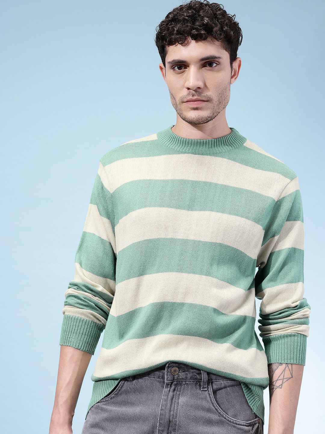 glitchez Striped Relaxed Longline Knitted Pullover-picture-18