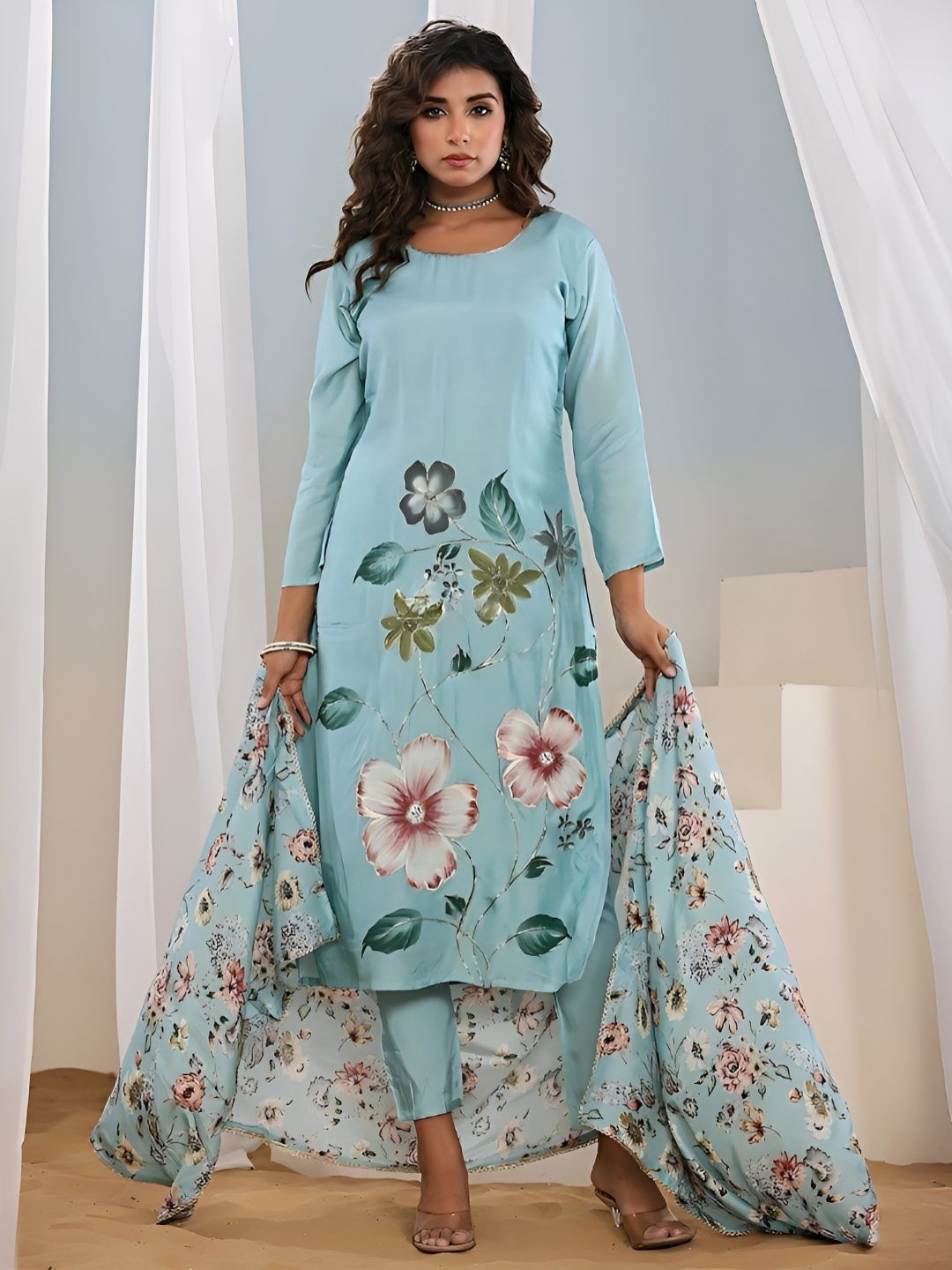 Navlik Floral Printed Round Neck Straight Kurta With Trousers & Dupatta-picture-19