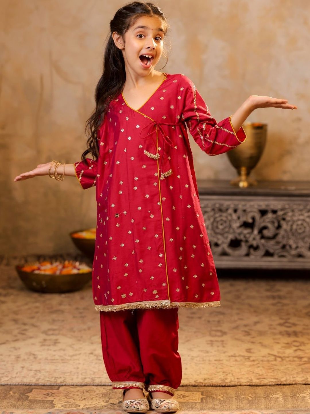 Sangria Girls Red Rayon Sequinned Kurta with Palazzos