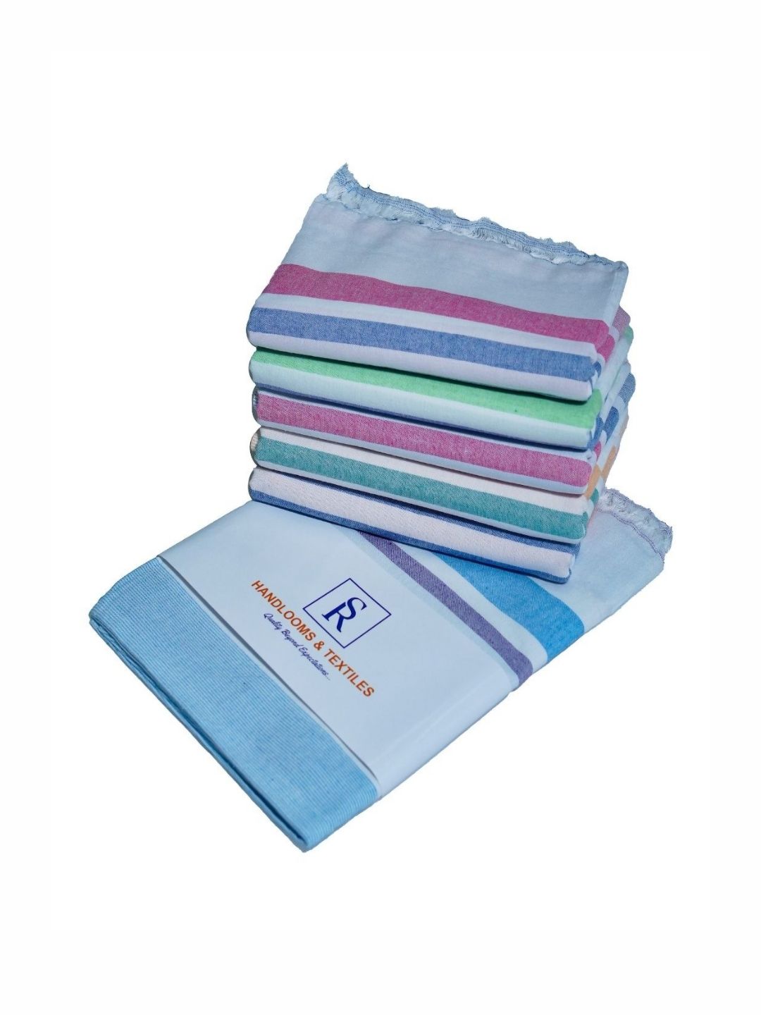 SR HANDLOOMS AND TEXTILES White & Blue 5 Pieces Striped Pure Cotton 400 GSM Bath Towels-picture-22