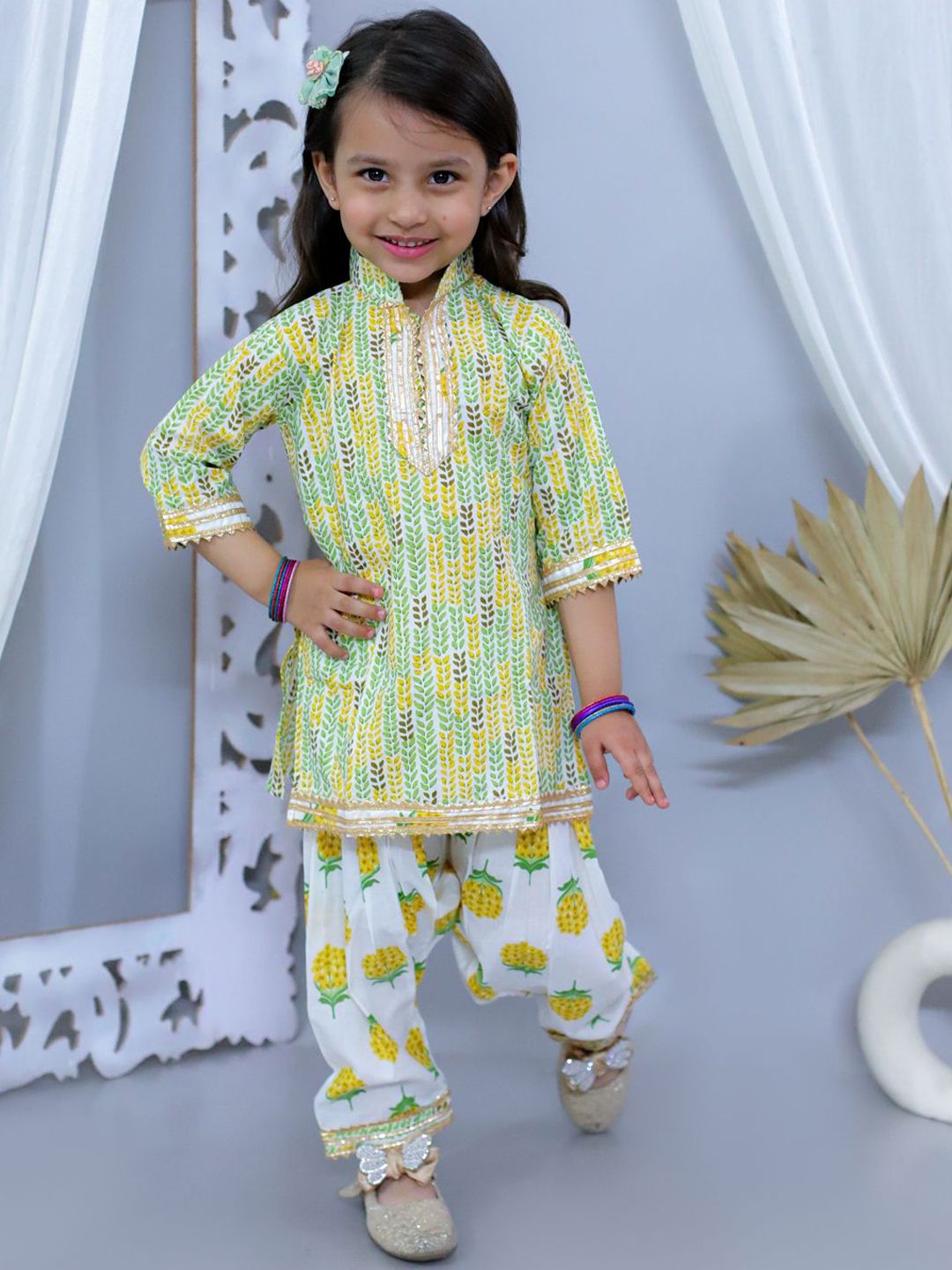 JUNITOS Girls Ethnic Motifs Printed Gotta Patti Pure Cotton Kurti With Patiala-picture-34