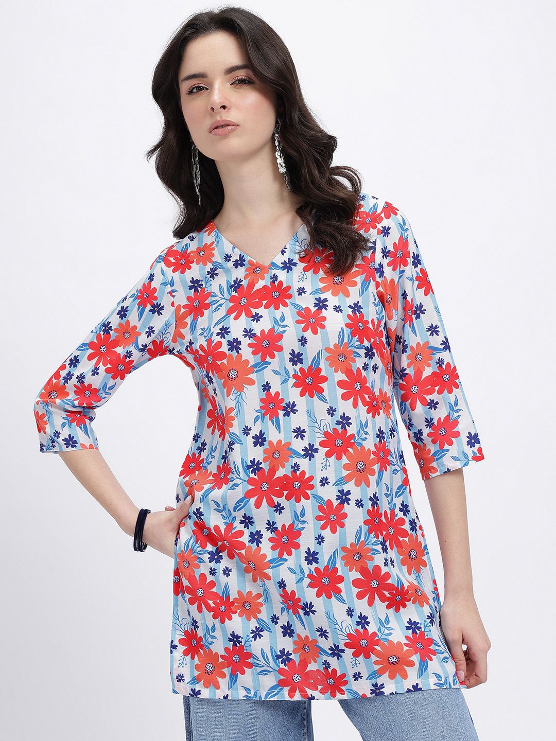 Anouk Rustic Striped Floral Printed V-Neck Straight Pure Cotton Kurta-picture-22