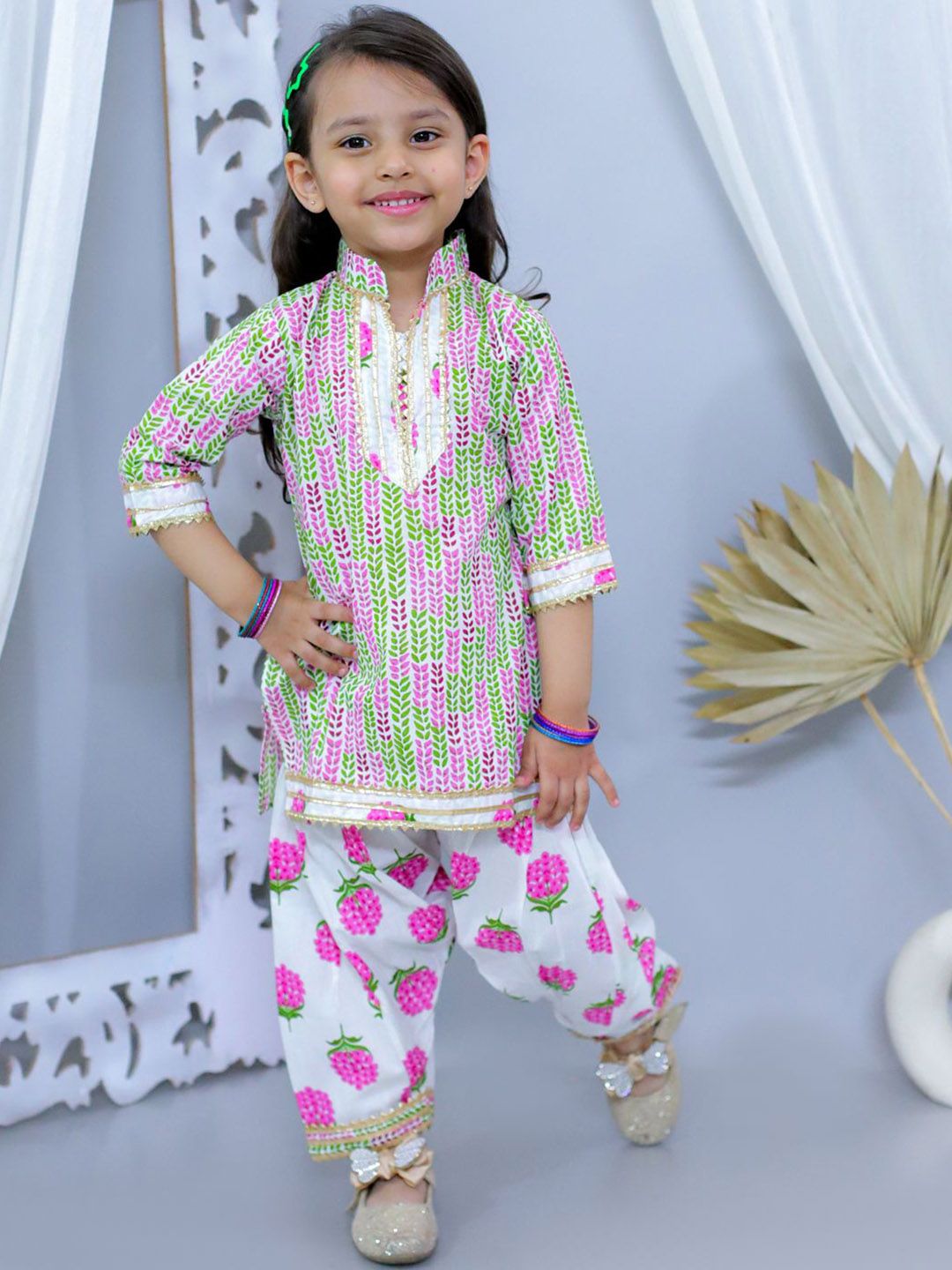 JUNITOS Girls Ethnic Motifs Printed Regular Gotta Patti Pure Cotton Kurti with Patiala-picture-43
