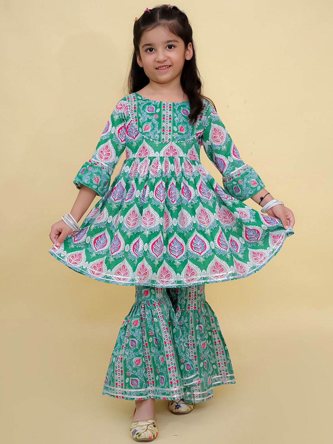 The Mom Store Girls Ethnic Motifs Printed Gotta Patti Pure Cotton Kurta With Sharara-picture-28
