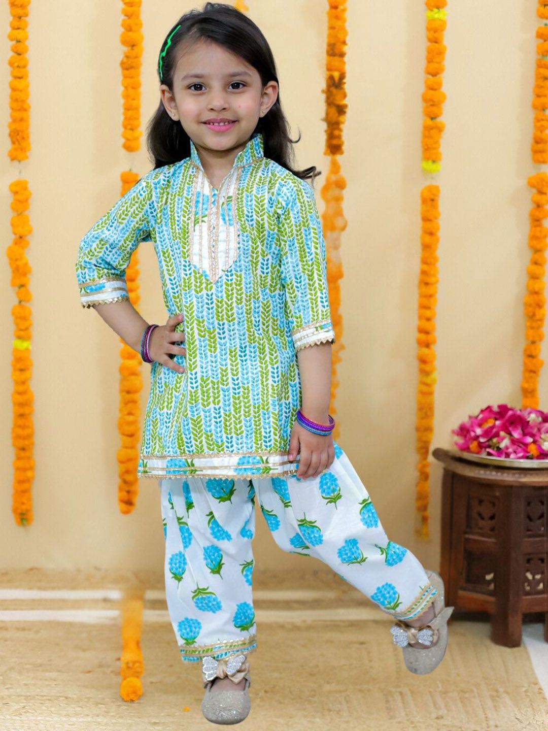 JUNITOS Girls Ethnic Motifs Printed Regular Gotta Patti Pure Cotton Kurti with Patiala-picture-38