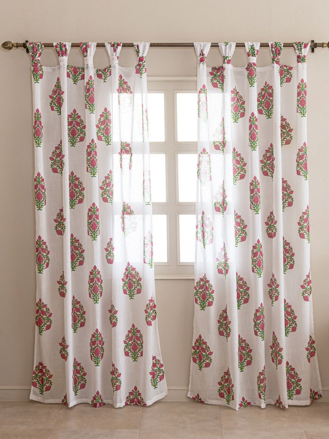 HOMEMONDE Pink & White 2 Pieces Floral Cotton Sheer Window Curtains-picture-33