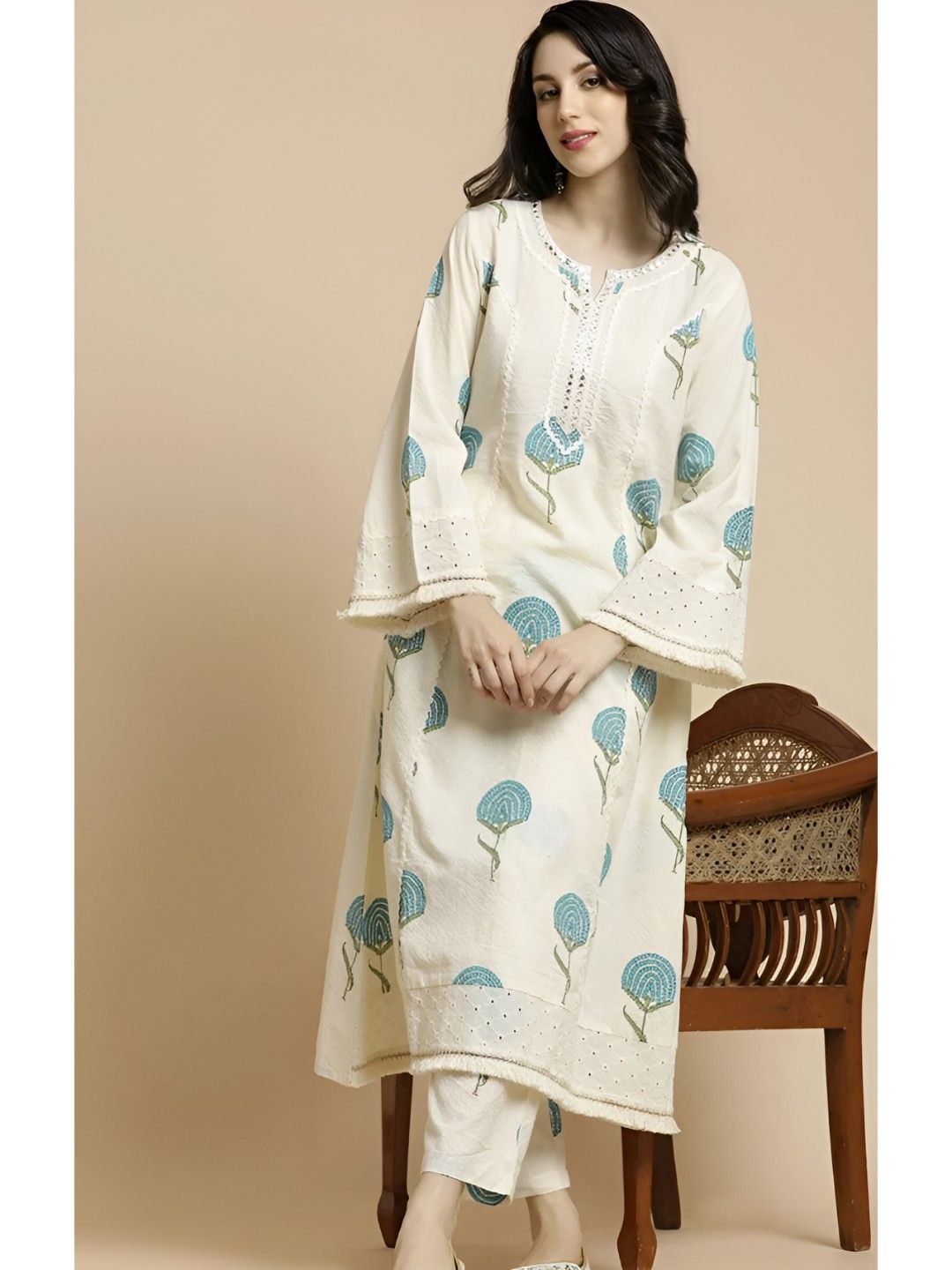 EthniFlair Floral Printed Pure Cotton A-Line Kurta With Trouser-image-0