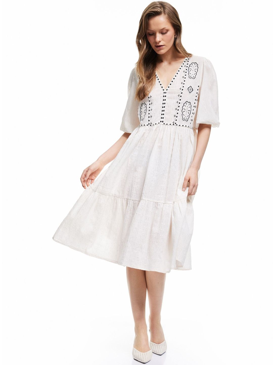 Koton Women Ethnic Motifs Embroidered Monochrome Bishop Sleeve Fit & Flare Midi Dress-picture-24