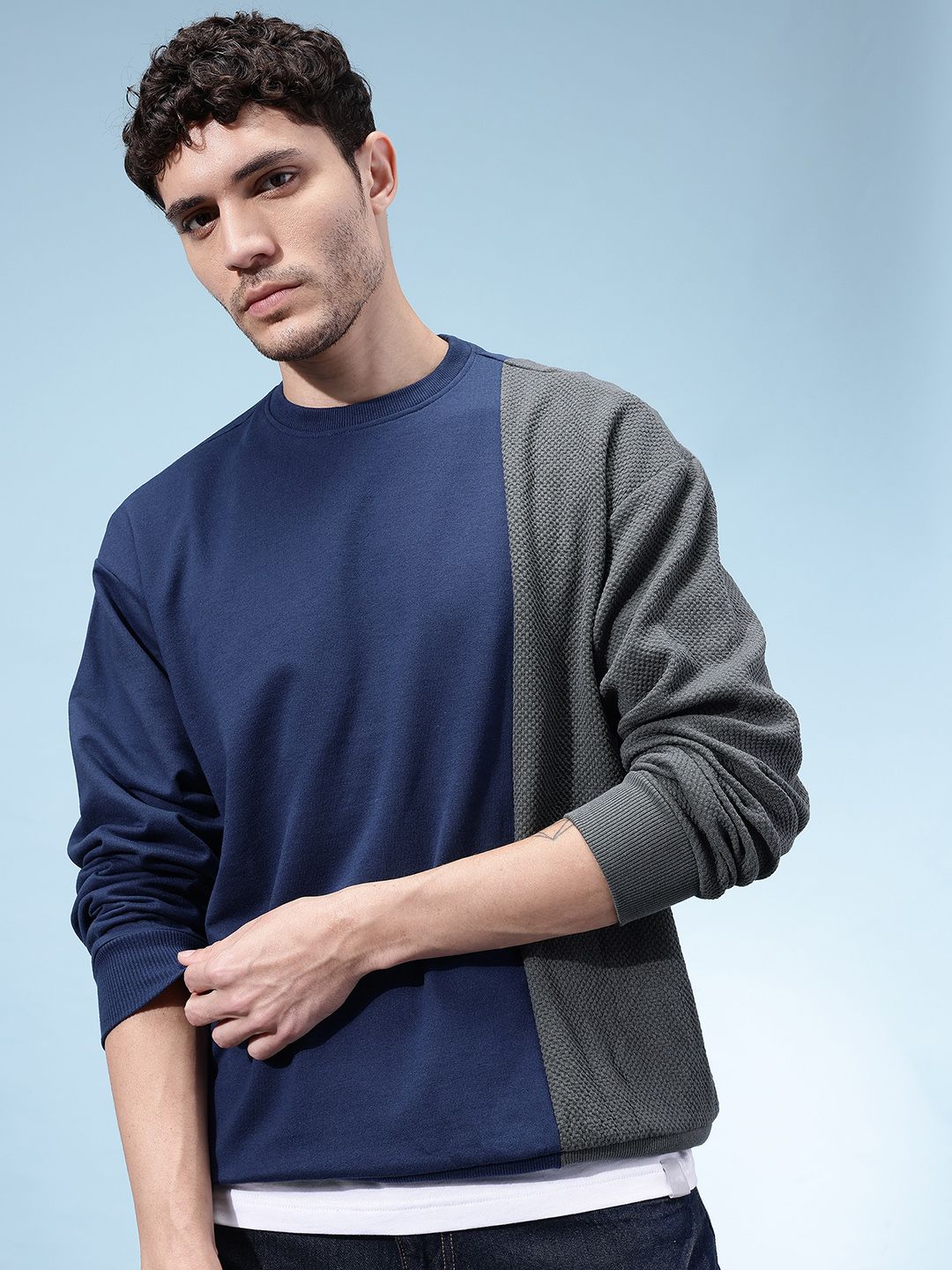 glitchez Colorblocked Round Neck Relaxed Fit Pullover Sweatshirt-image-12
