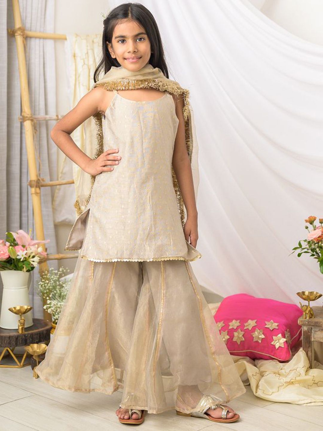 Fairies Forever Girls Woven Design Self Design Kurta with Sharara & Dupatta-picture-18