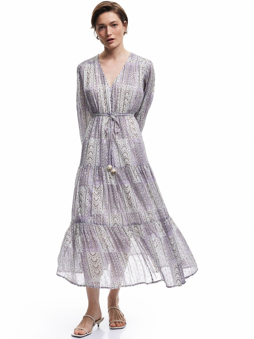 Koton Women Printed V-Neck Tie-Ups Detail Tiered Fit and Flare Maxi Dress-picture-26