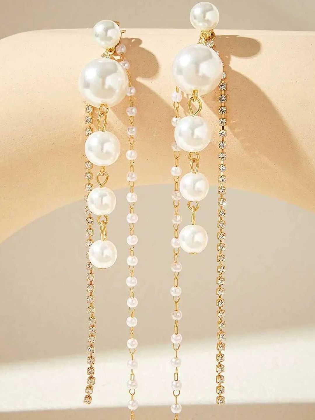 FIMBUL Gold-Plated Rhinestone Studded And Pearls Beaded Tasselled Spherical Drop Earrings-picture-30