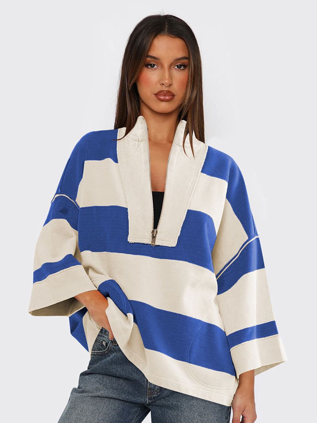 JC Mode Women Striped Mock Collar Long Sleeves Pullover Sweatshirt-picture-37