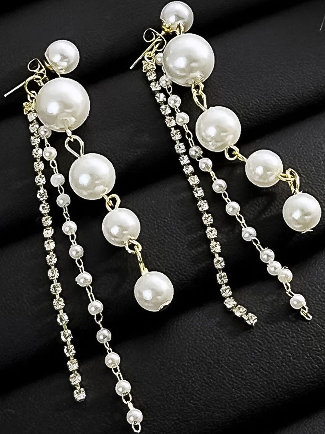 FIMBUL Gold-Plated Rhinestone Studded And Pearls Beaded Tasselled Spherical Drop Earrings-picture-29