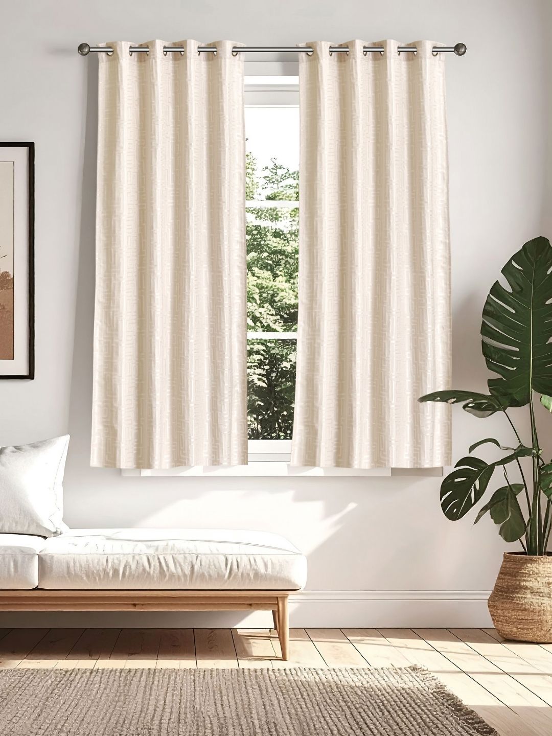 Home Centre Morris Maze Beige 2 Pieces Self Design Room Darkening Window Curtains-image-26