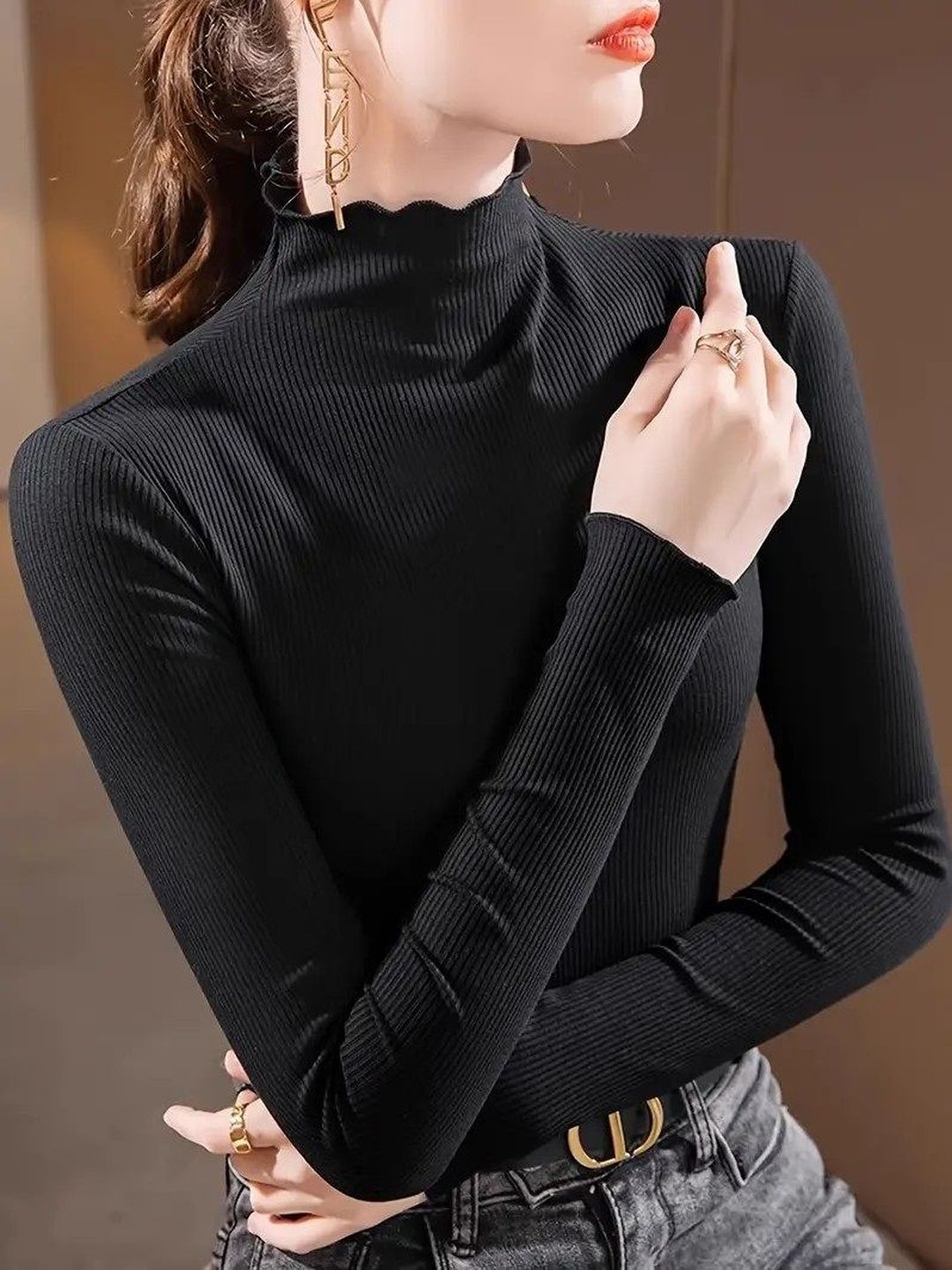 WANQUILA Women Black High Neck Long Sleeves Ribbed Polyester Fitted Top-image-22
