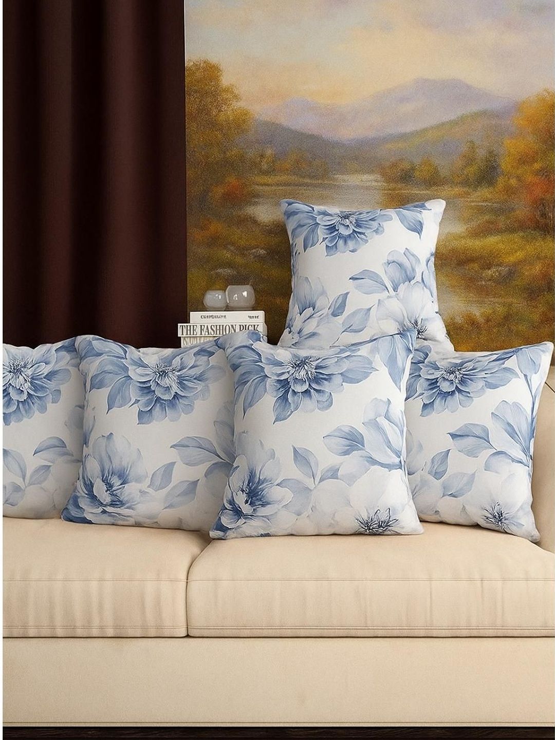 Myntra Elegant Homes White & Blue Set of 5 Square Cushion Covers-picture-46