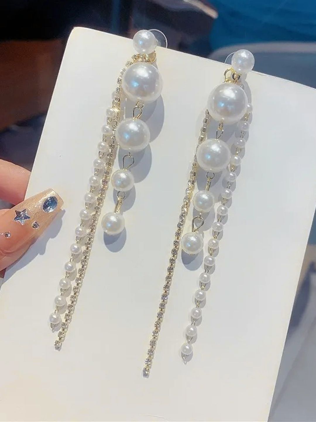 FIMBUL Gold-Plated Rhinestone Studded And Pearls Beaded Tasselled Spherical Drop Earrings-picture-28