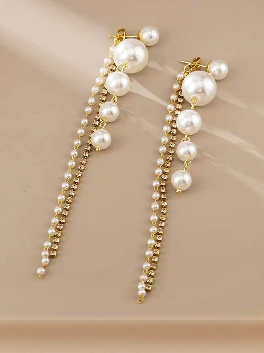 FIMBUL Gold-Plated Rhinestone Studded And Pearls Beaded Tasselled Spherical Drop Earrings-picture-31