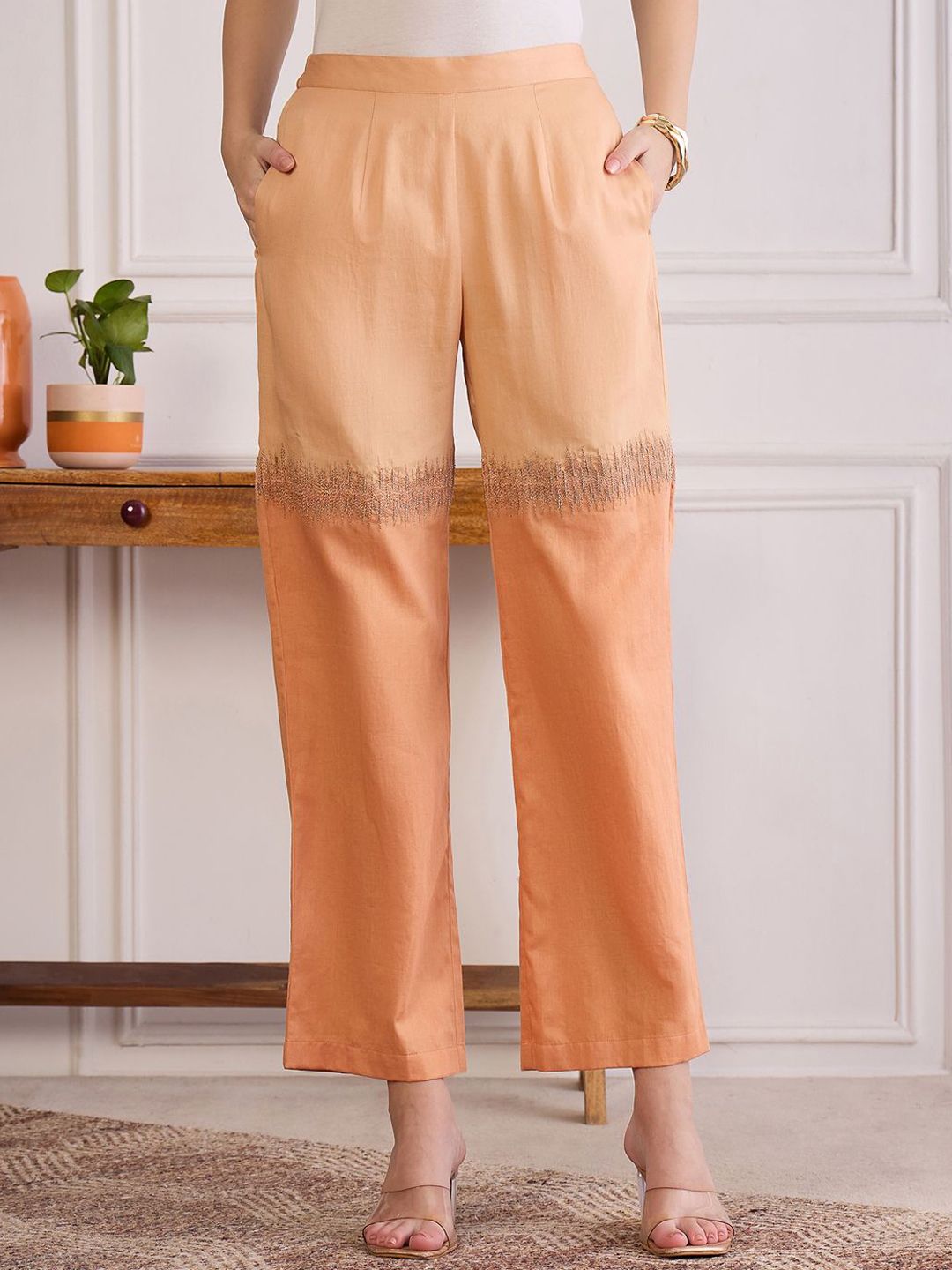 First Resort by Ramola Bachchan Women Colourblocked Embroidered Regular Trousers-picture-28