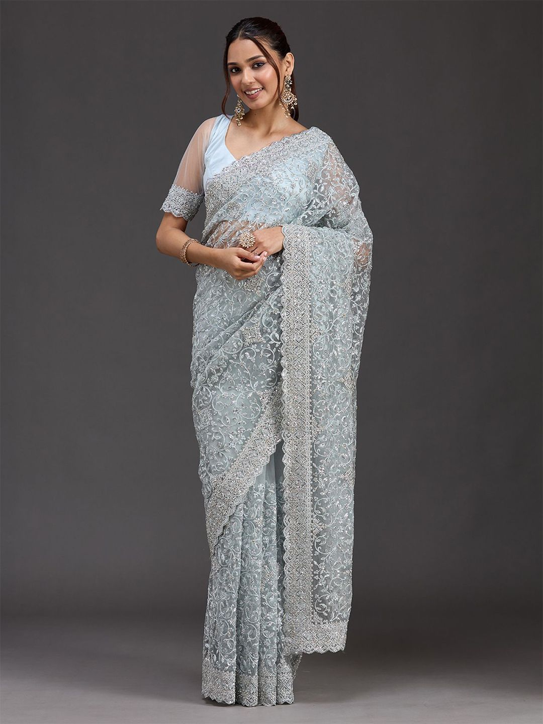 Koskii Floral Embroidered Beads and Stones Chiffon Saree