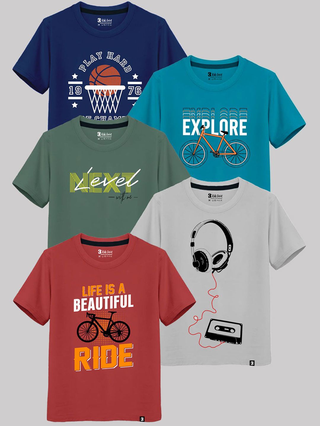Kids Basket Boys Pack Of 5 Multi Cotton Printed Tshirts-picture-34