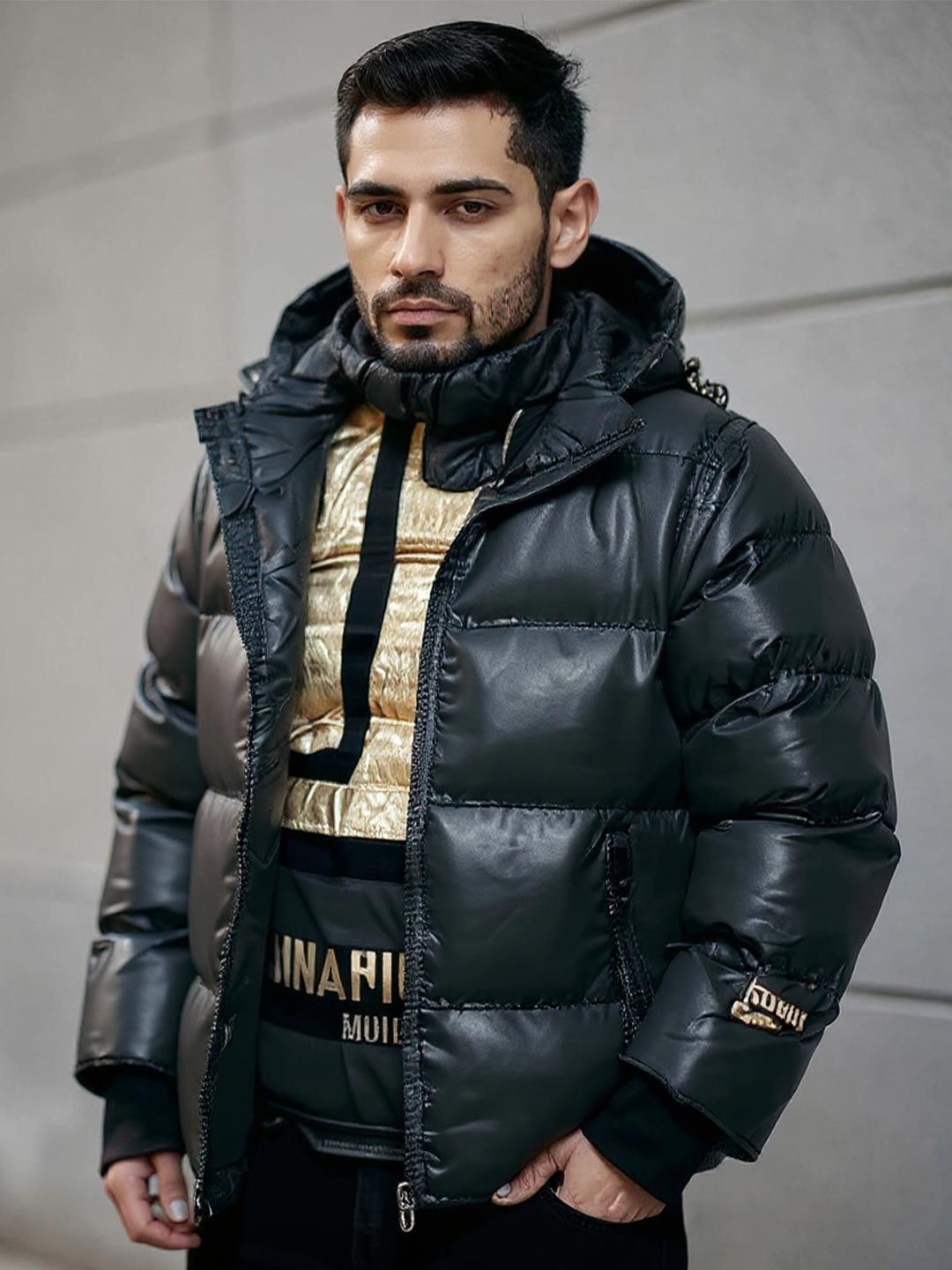 HERE&NOW Men Black Hooded Long Sleeves Insulator Polyester Puffer Jacket-picture-13