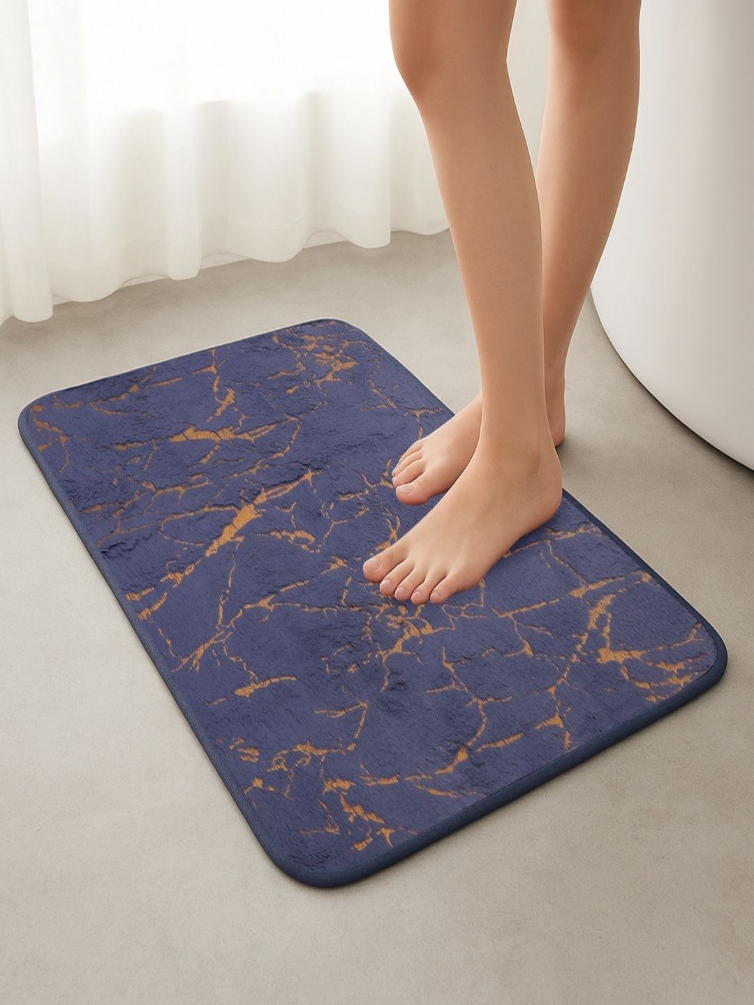 ATAGS Blue & Gold-Toned Printed Water Absorbent Anti Slip Quick Drying Rectangular Doormat-picture-6