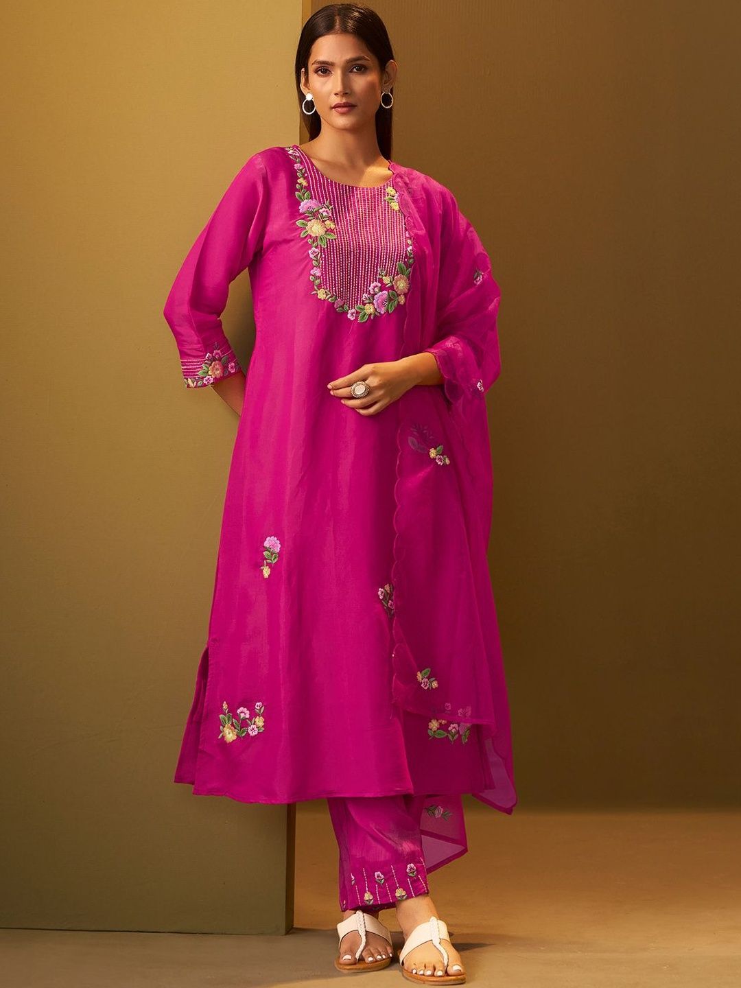 Indo Era Women Floral Embroidered Thread Work Kurta With Trousers & With Dupatta-picture-15