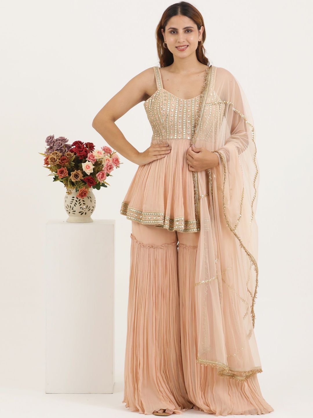 PUSHP PARIDHAN Women Ethnic Motifs Embroidered A-Line Kurti with Sharara & Dupatta-picture-14