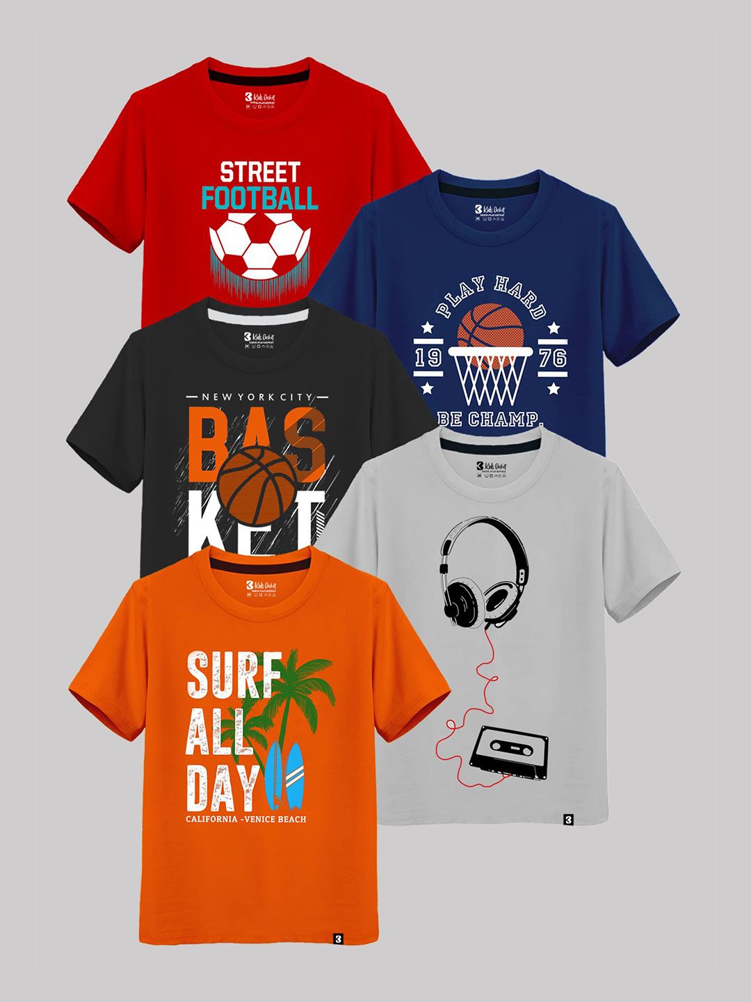 Kids Basket Boys Pack of 5 Typography Printed T-shirt-picture-34