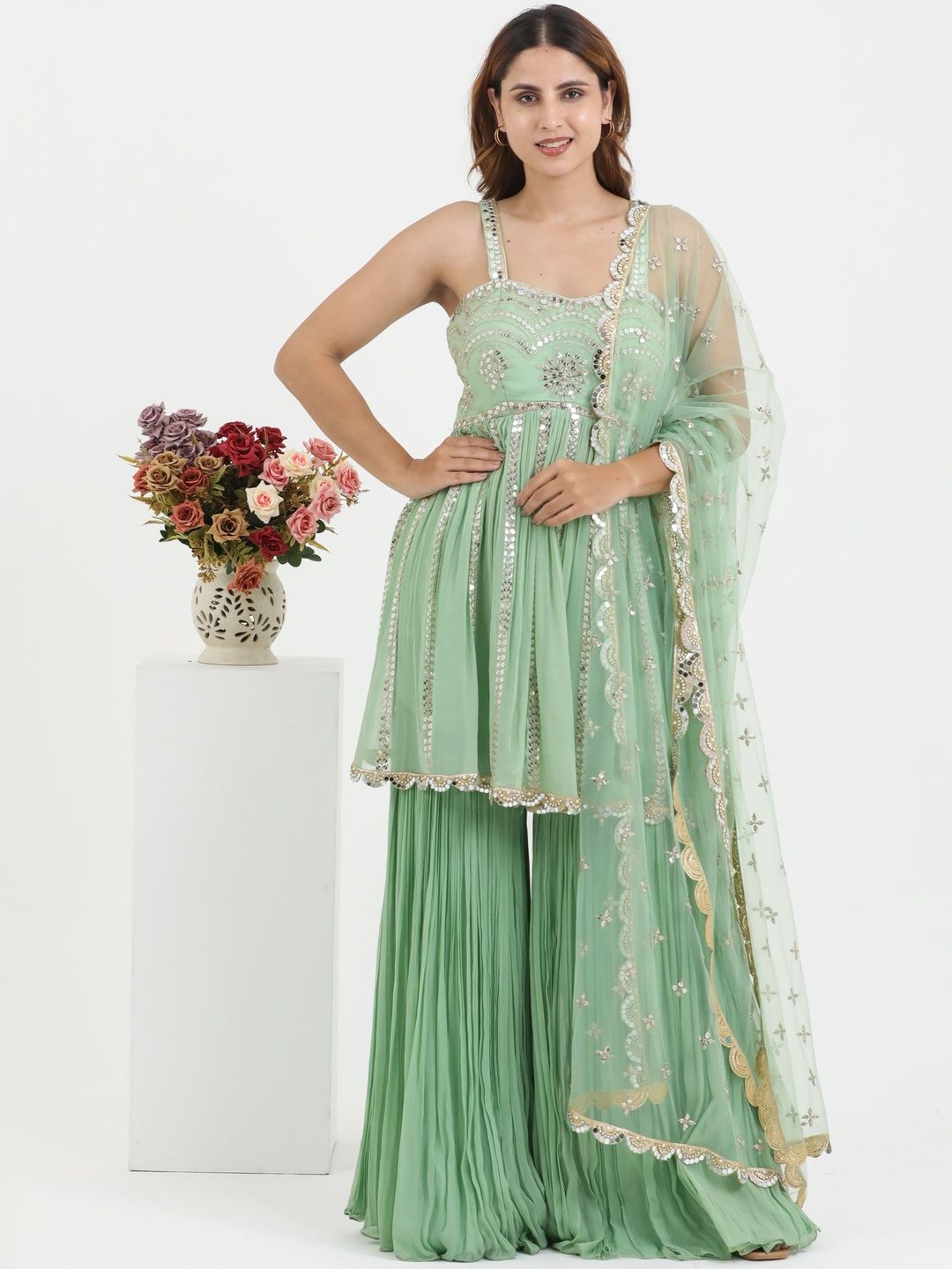 PUSHP PARIDHAN Ethnic Motifs Embroidered Empire Mirror Work Kurta With Garara & Dupatta-picture-12