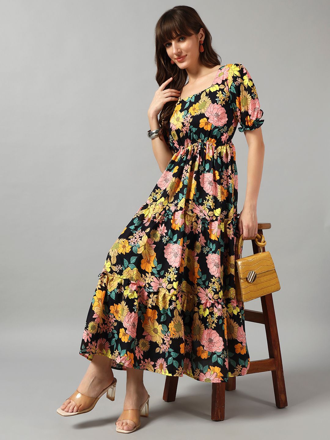 Raiyani Enterprise Floral Printed Tiered Fit & Flare Midi Dress-picture-25