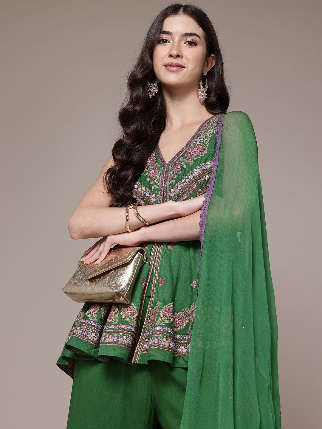 Ritu Kumar Women Printed Pleated Anarkali Kurta with Sharara & Dupatta-picture-18