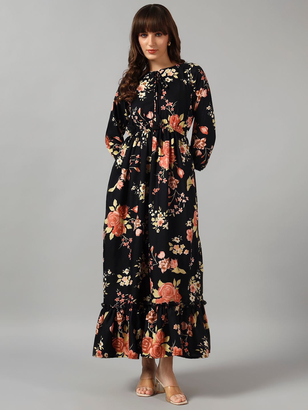 Raiyani Enterprise Floral Printed Tie-Up Neck Puff Sleeves Tiered Midi A-Line Dress-picture-38