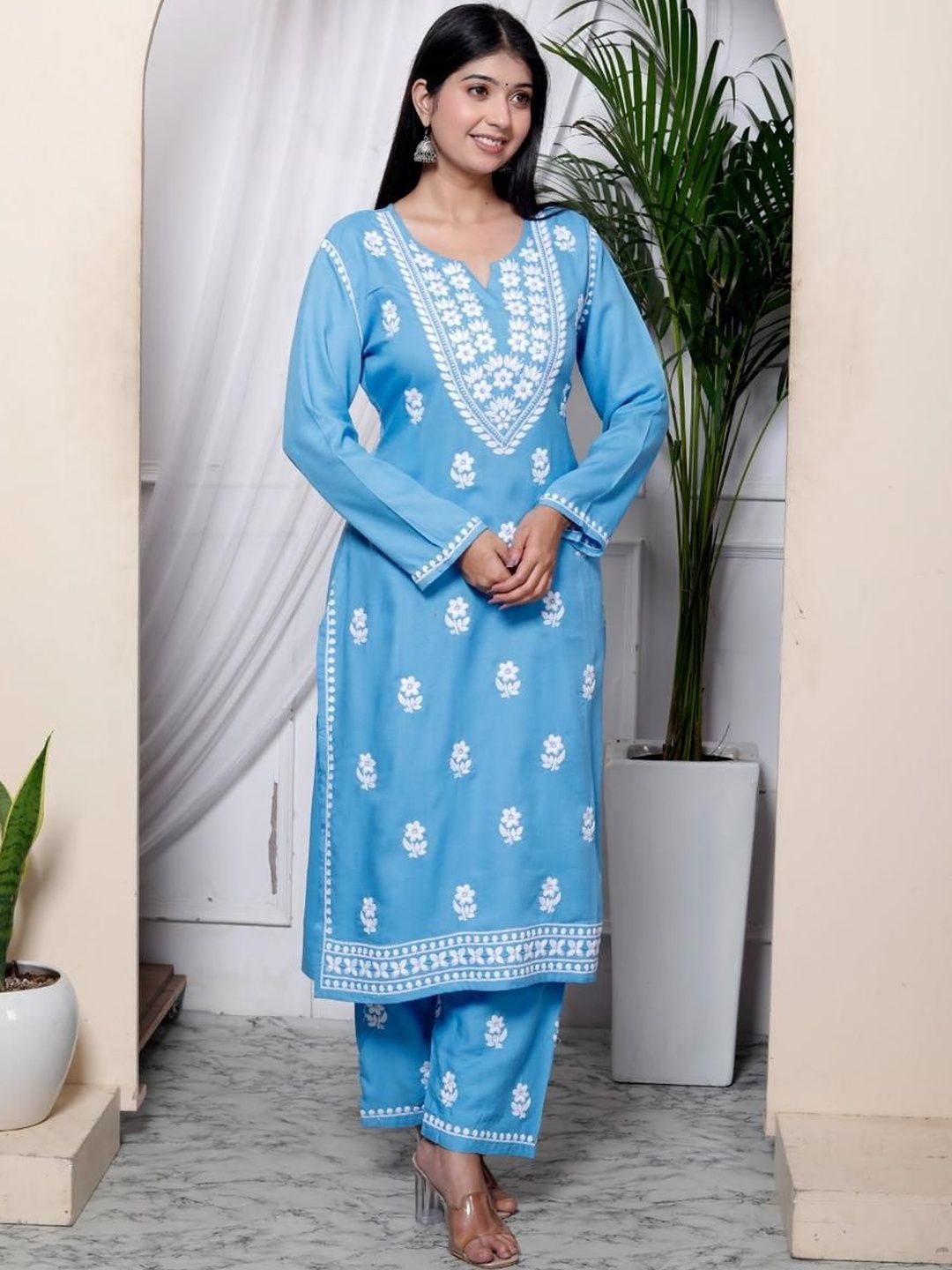 ANGIYA Floral Embroidered Chikankari Pure Cotton Kurta With Palazzos-picture-24
