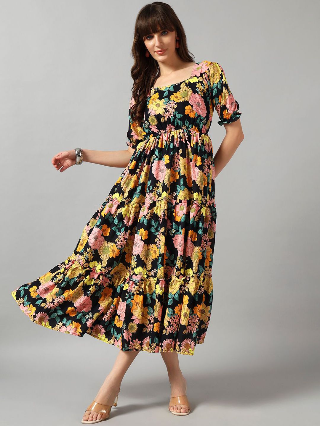 Raiyani Enterprise Floral Printed Square Neck Tiered V-Neck Fit & Flare Maxi Dress-picture-17