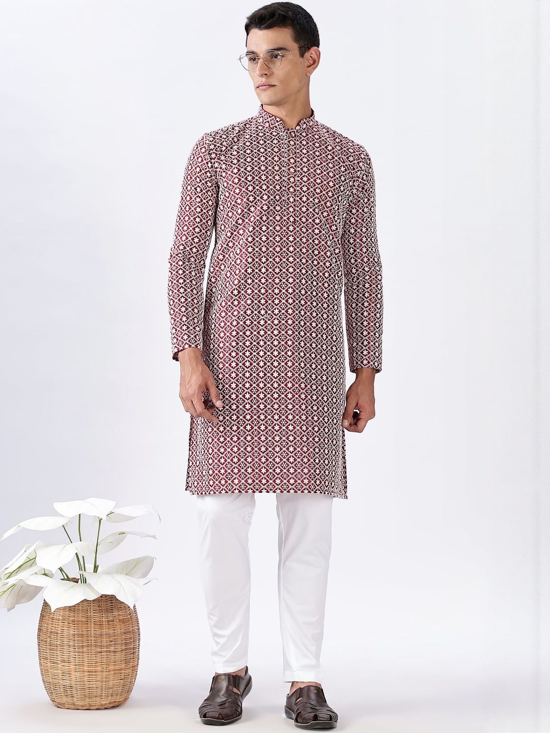 Anouk Men Maroon Cotton Embroidered Straight Kurtas-picture-30