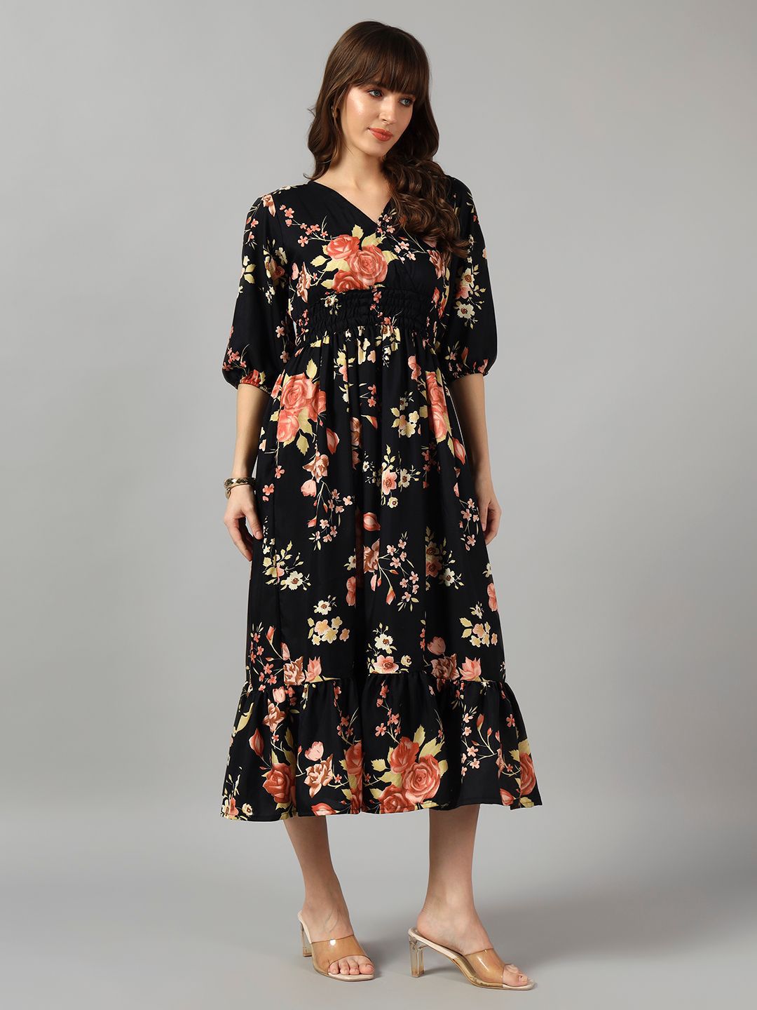Raiyani Enterprise Floral Printed Tiered Fit & Flare Midi Dress-picture-28
