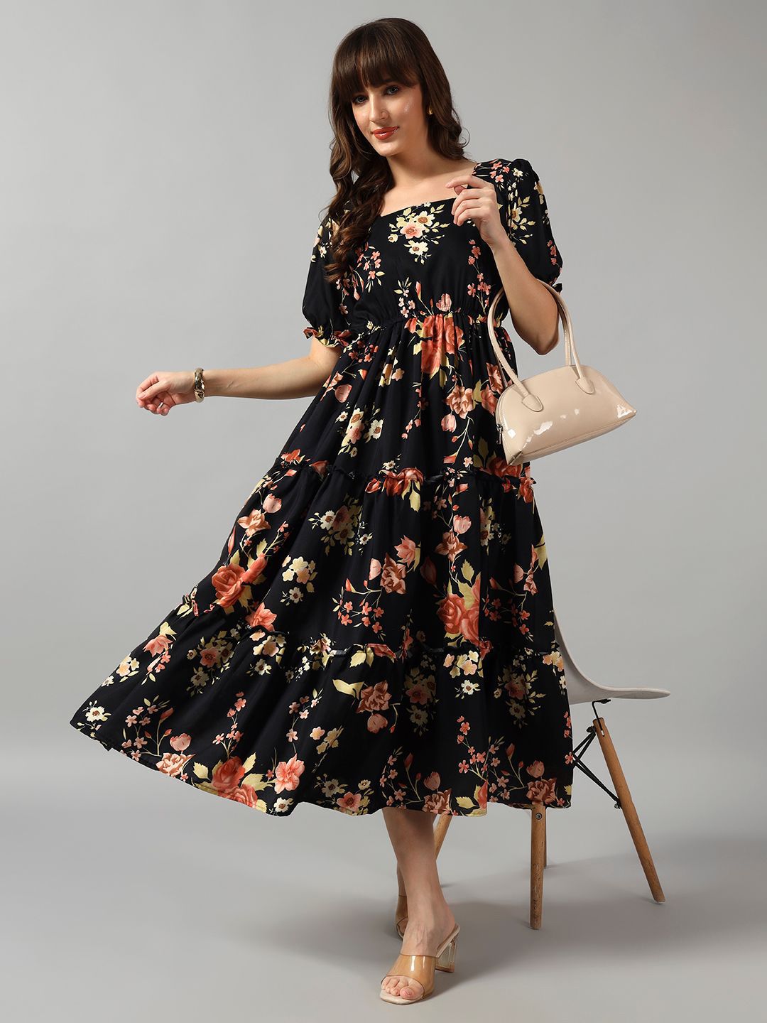 Raiyani Enterprise Women Floral Printed Tiered A-Line Midi Dress-picture-30