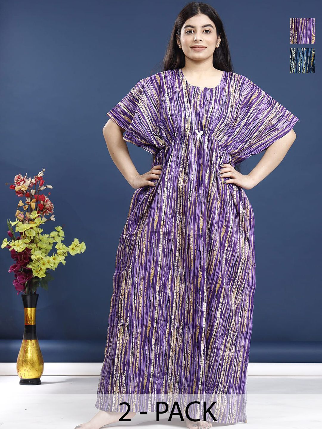 PR PINK ROYAL Women Pack of 2 Striped Round Neck Pure Cotton Maxi Kaftan Nightdress-picture-33