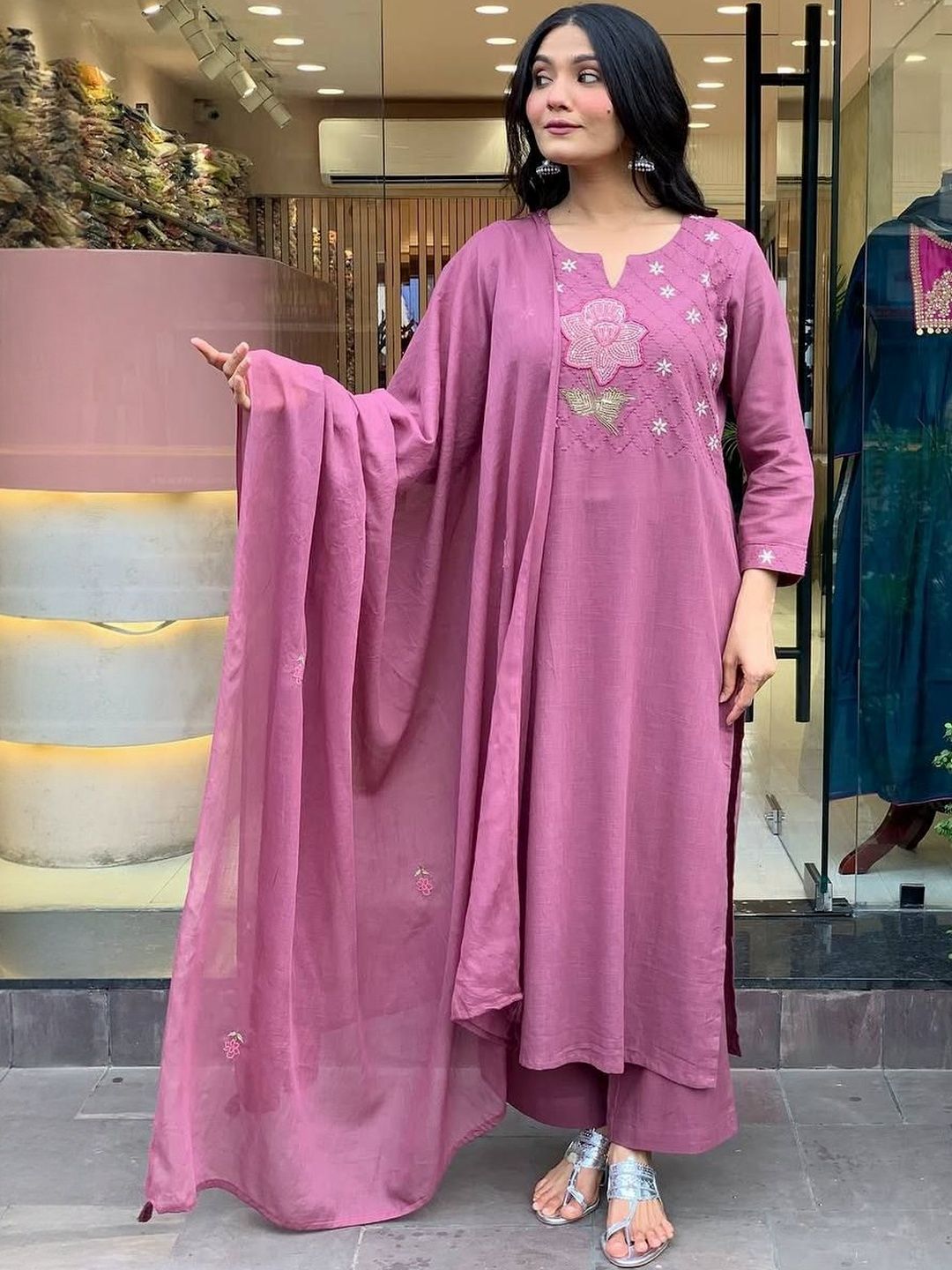 Vaidehi Fashion Floral Embroidered Thread Work Pure Cotton Kurta With Trousers & Dupatta-picture-33