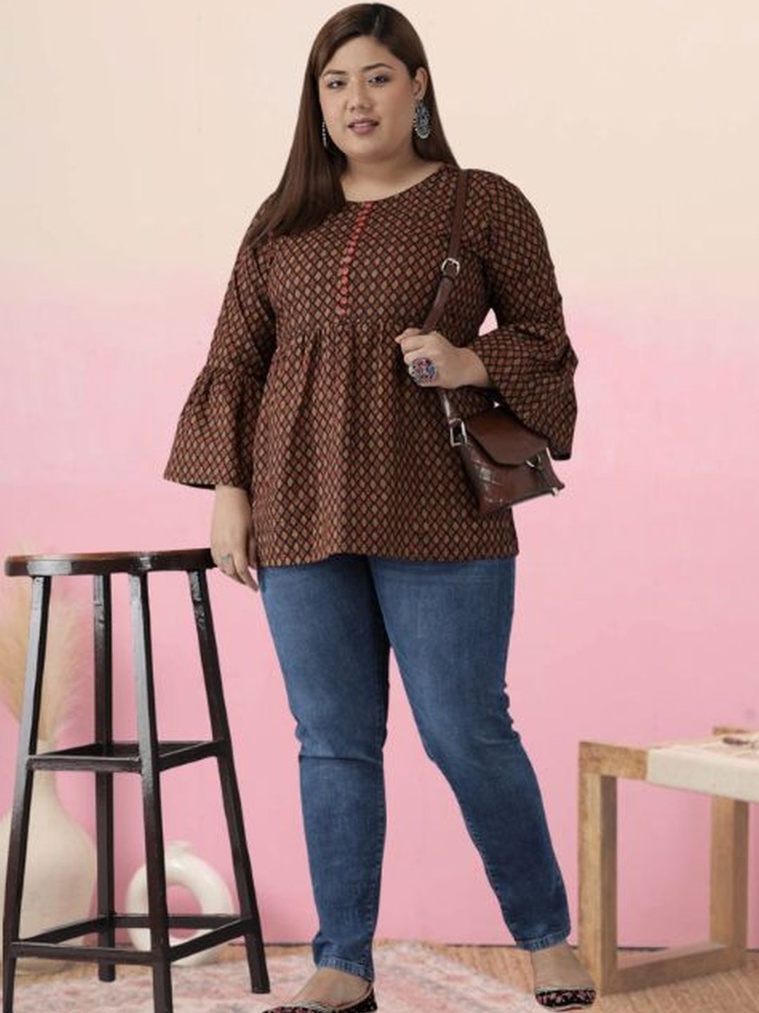 KALINI Geometric Print Bell Sleeve Cotton Top-picture-14