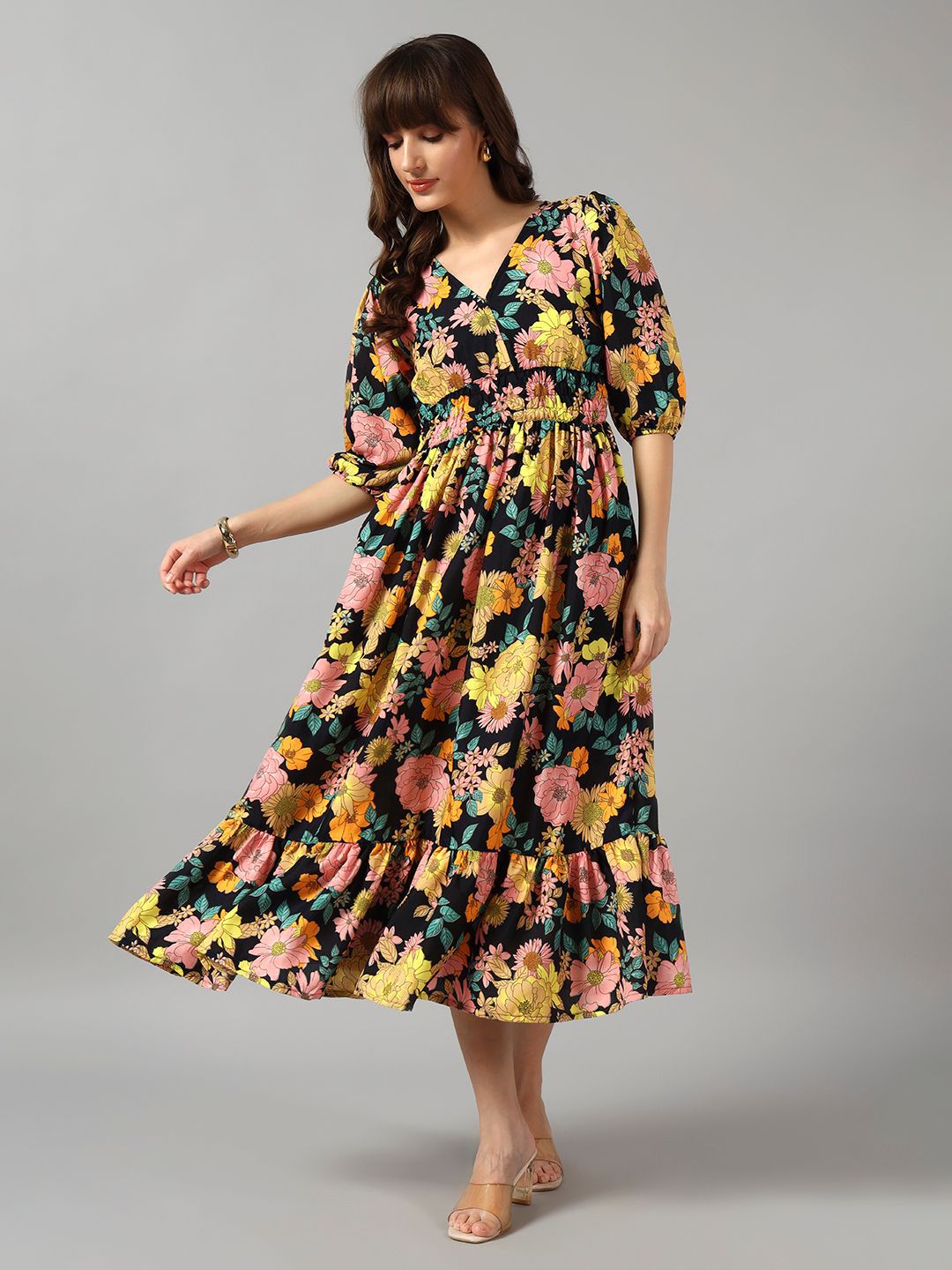 Raiyani Enterprise Women Floral Printed Tiered Fit and Flare Midi Dress-picture-29