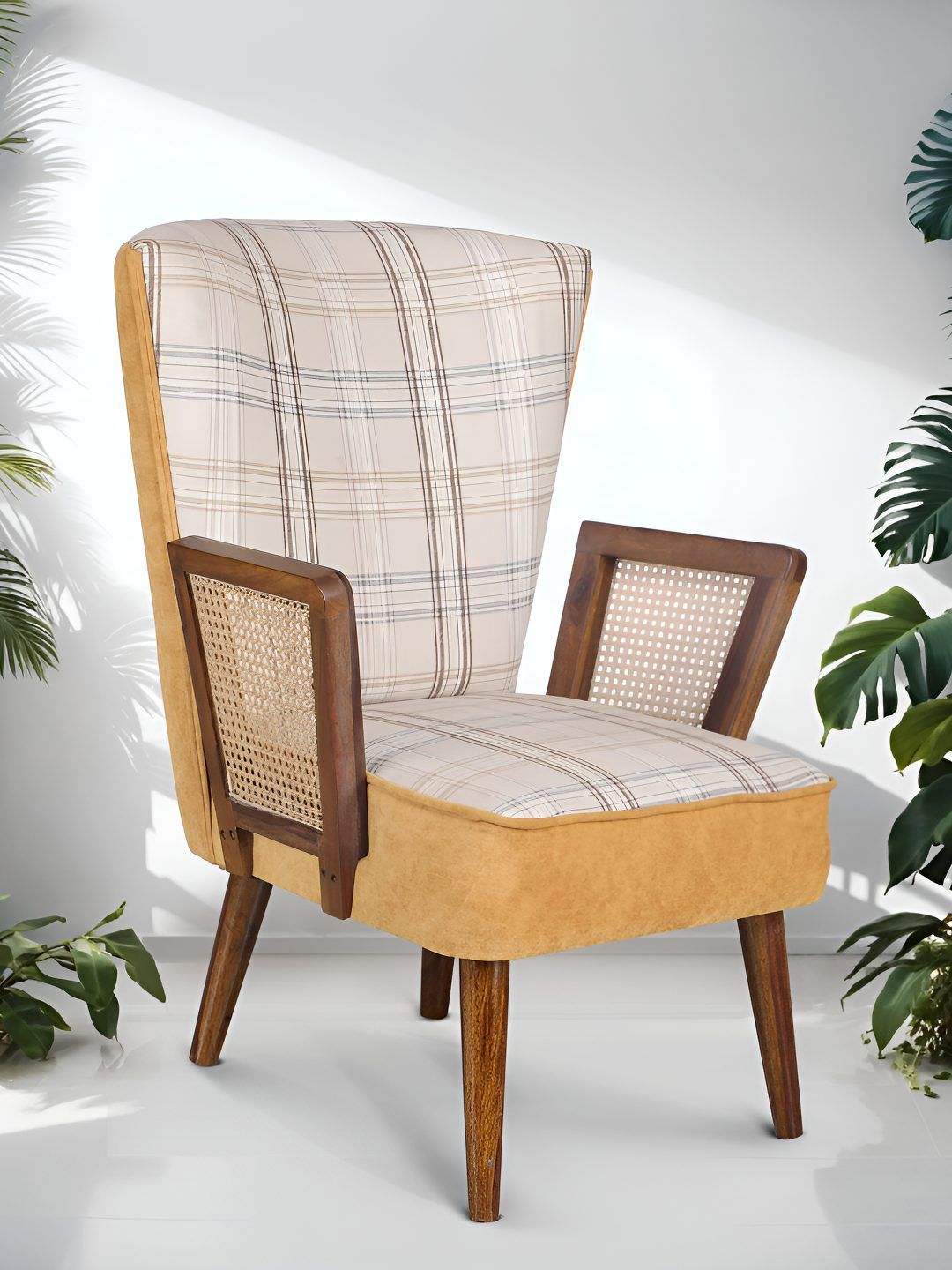 GLOBALLY INDIAN Beige & Brown Checked Wooden Lounge Chair