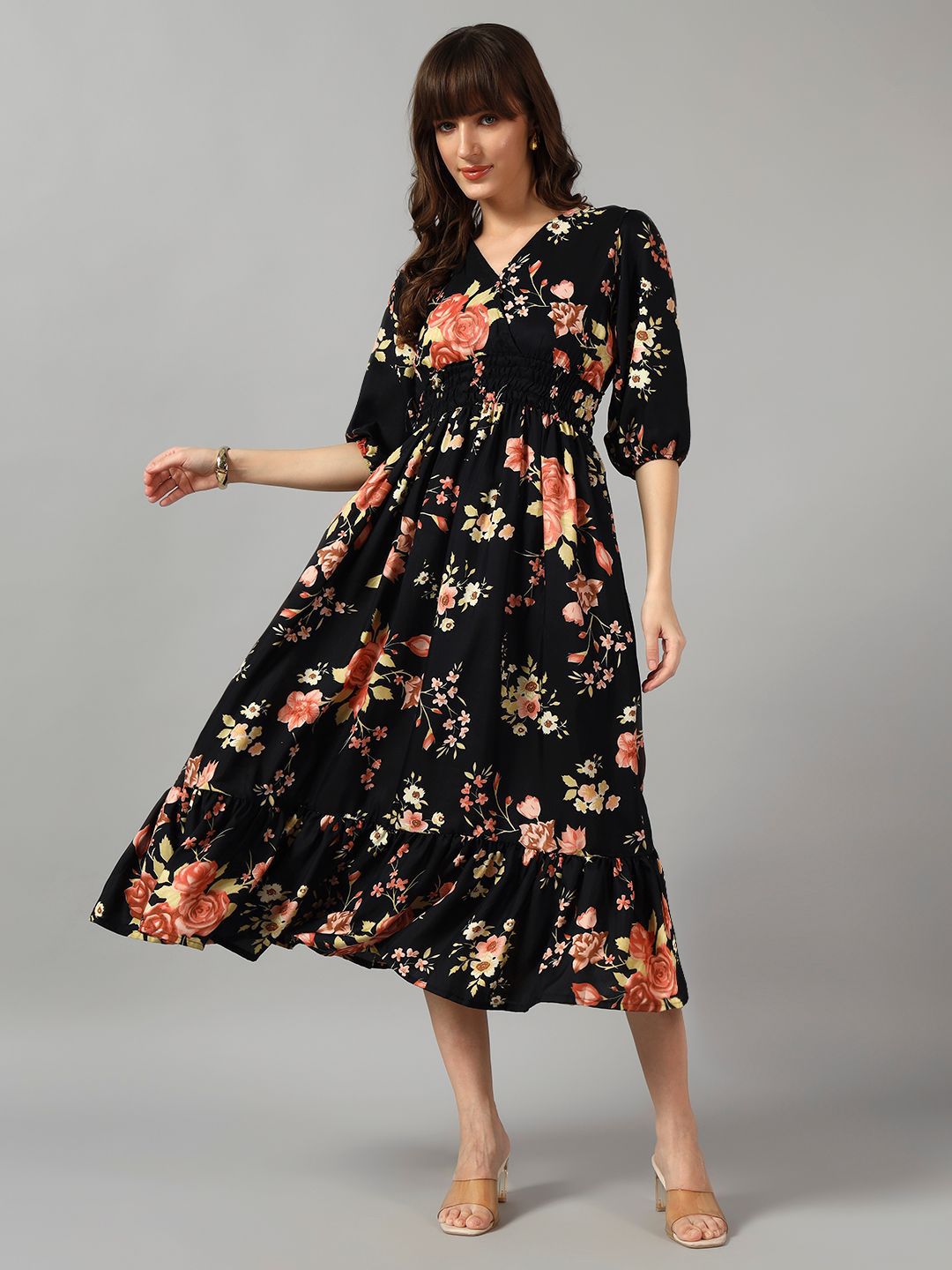 Raiyani Enterprise Women Floral Printed V- Neck Tiered Wrap Midi Dress-picture-20