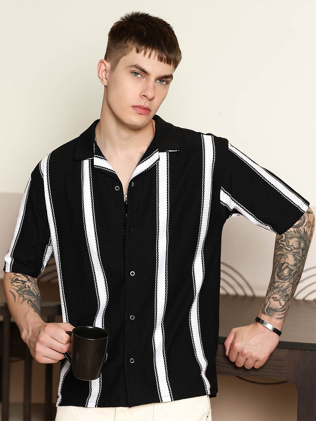 Maniac Men Vertical Striped Cuban Collar Cotton Casual Shirt-picture-37