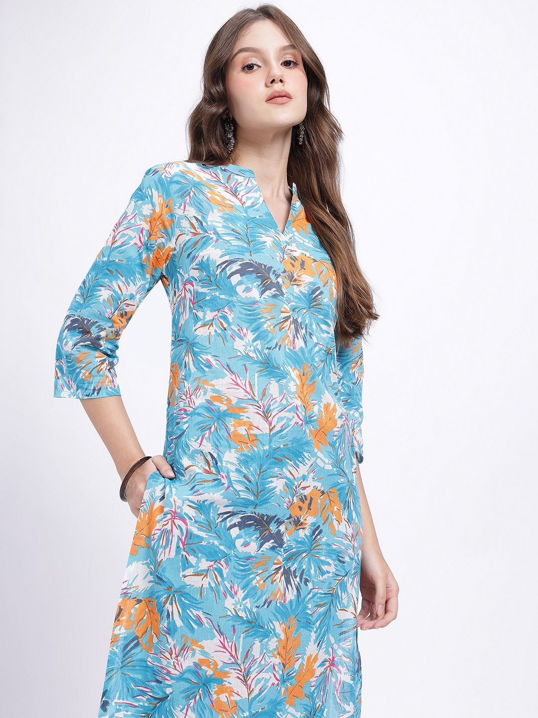 Anouk Rustic Tropical Printed Mandarin Collar Pure Cotton Straight Kurta-picture-36