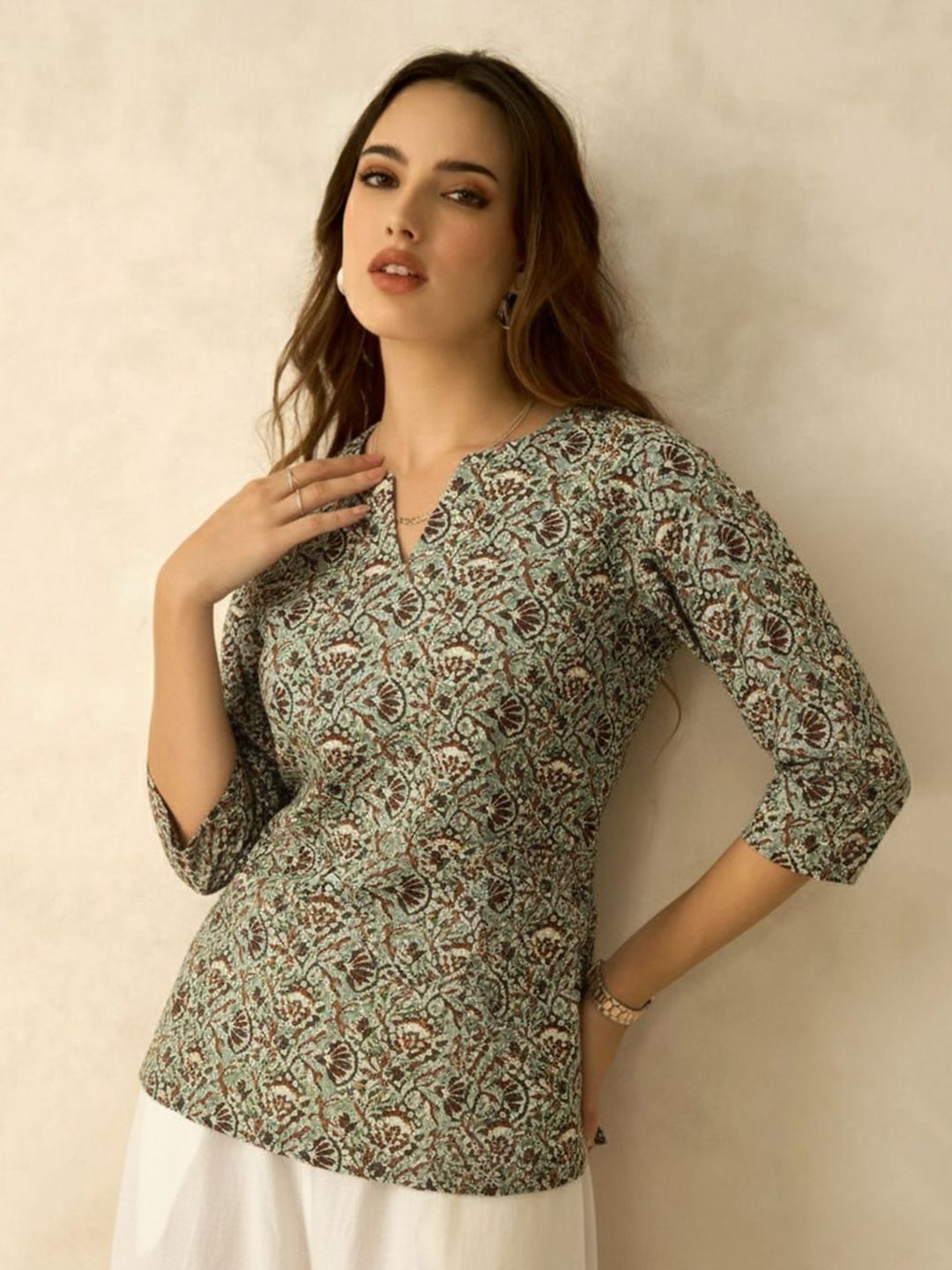 Eco Clothing Floral Printed Mandarin Collar Organic Cotton Kurti-picture-33
